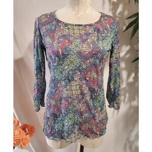 Vtg Snoskins Mesh Lettuce Hem 3/4 Sleeve Top Size S Neon Boho Geo Print 90s Y2K